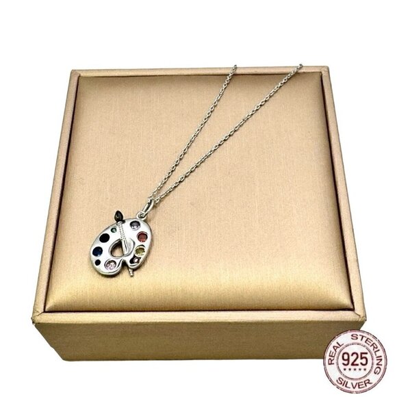 NWT S925 Sterling Silver Stamped Artist Palette Pendant Necklace 18" - Picture 2 of 9